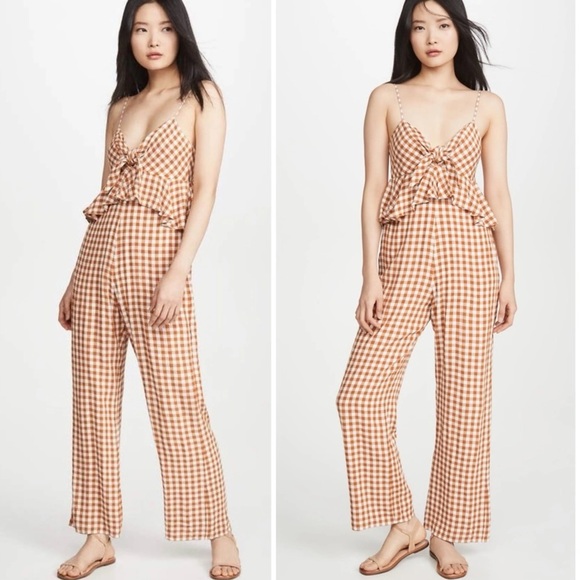 SAYLOR Gingham Viscose Crepe Apricot Ruffle Sleeveless Jumpsuit Women’s Small - Picture 1 of 11